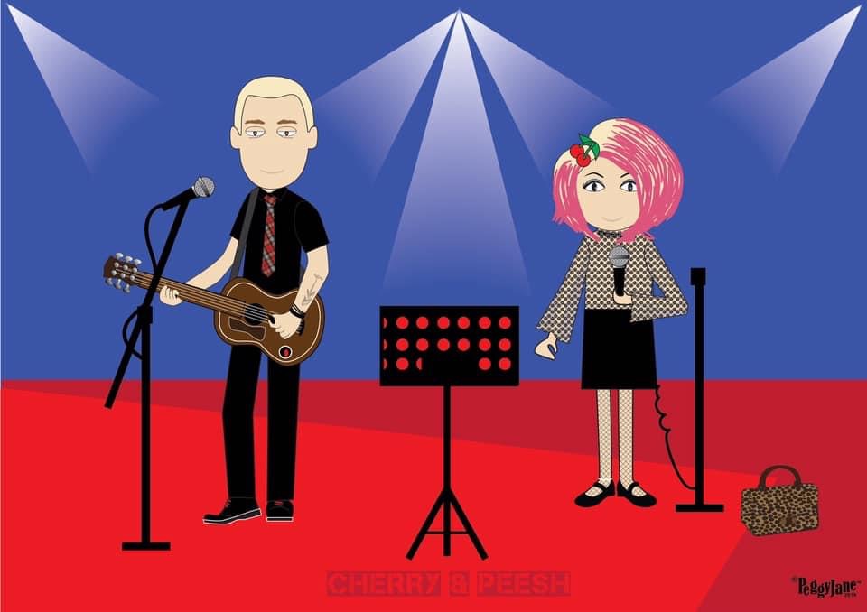 graphic art of Cherry and Peesh on a stage.